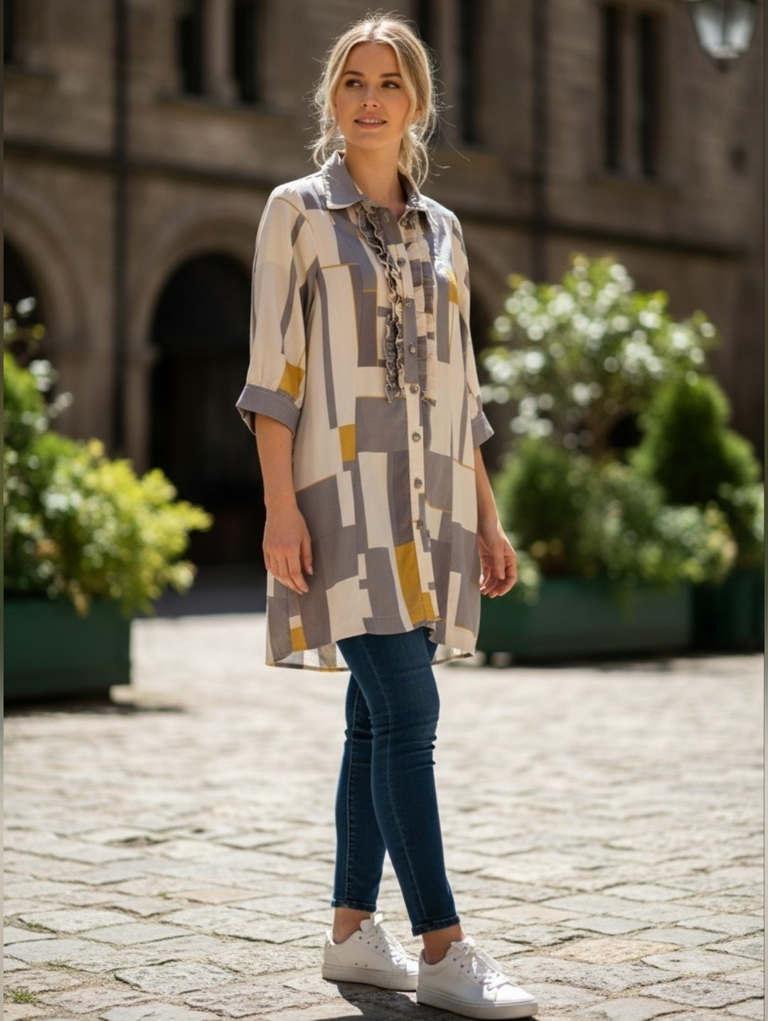 Toupy Geometric Ruffle-Front Blouse In Gray, Cream & Mustard